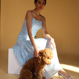 Light blue, floral dress with spaghetti straps and a tiered skirt, ideal for any occasion, purchase at SISTER NY
