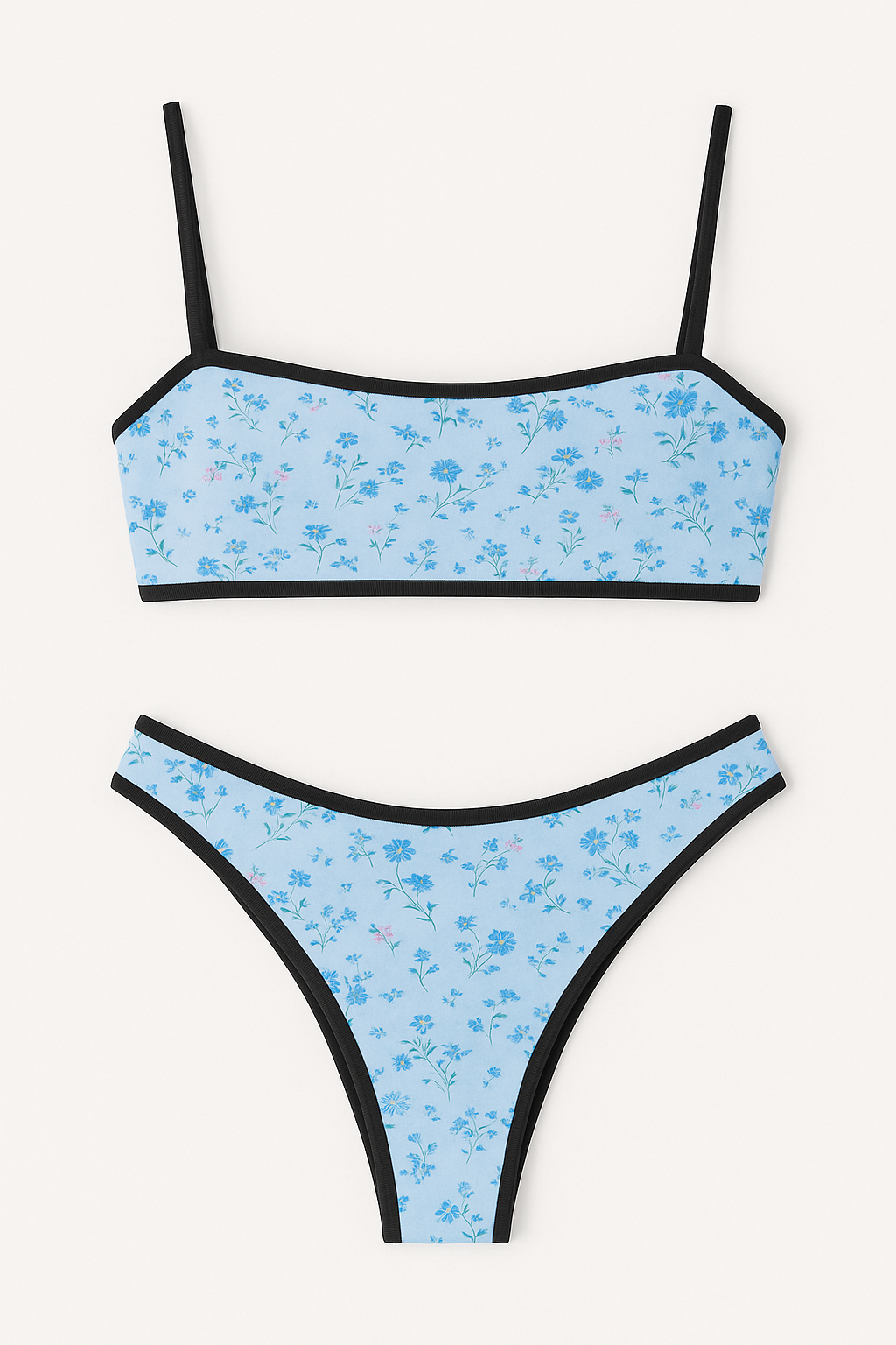 Light blue floral bikini set with black trim, featuring a bandeau top with adjustable straps and matching high-cut bottoms, ideal for summer beachwear, displayed on a plain white background for SISTER NY