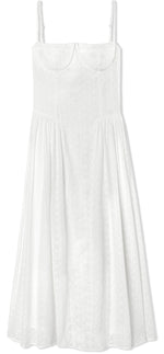 White eyelet dress with breathable fabric, it's fitted through the bodice to cinch the waist and has a sweetheart neckline with underwired cups. The barely-there straps adjust for the perfect fit and we love how the gathering adds pretty volume to the midi skirt giving you the perfect twirl. Fully lined for comfort with a back zip for easy-on.