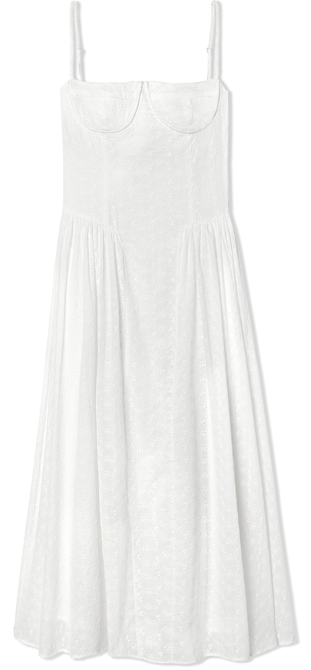 White eyelet dress with breathable fabric, it's fitted through the bodice to cinch the waist and has a sweetheart neckline with underwired cups. The barely-there straps adjust for the perfect fit and we love how the gathering adds pretty volume to the midi skirt giving you the perfect twirl. Fully lined for comfort with a back zip for easy-on.