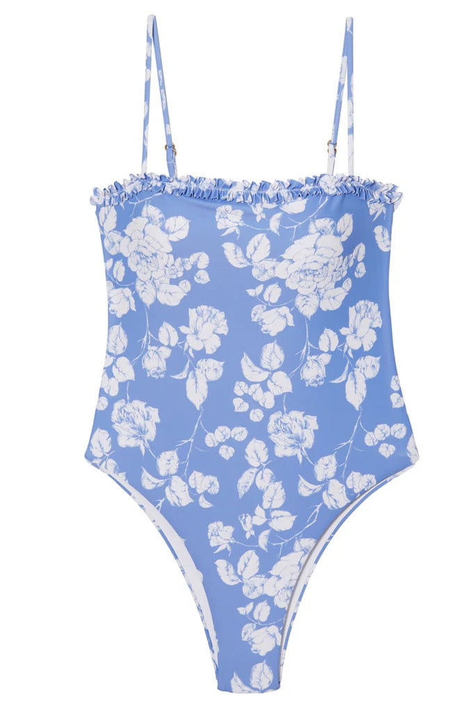 Women's blue and white floral one-piece swimsuit with spaghetti straps. Designed for summer, bachelorette, bridal, honeymoon and beach. Purchase at SISTER NY