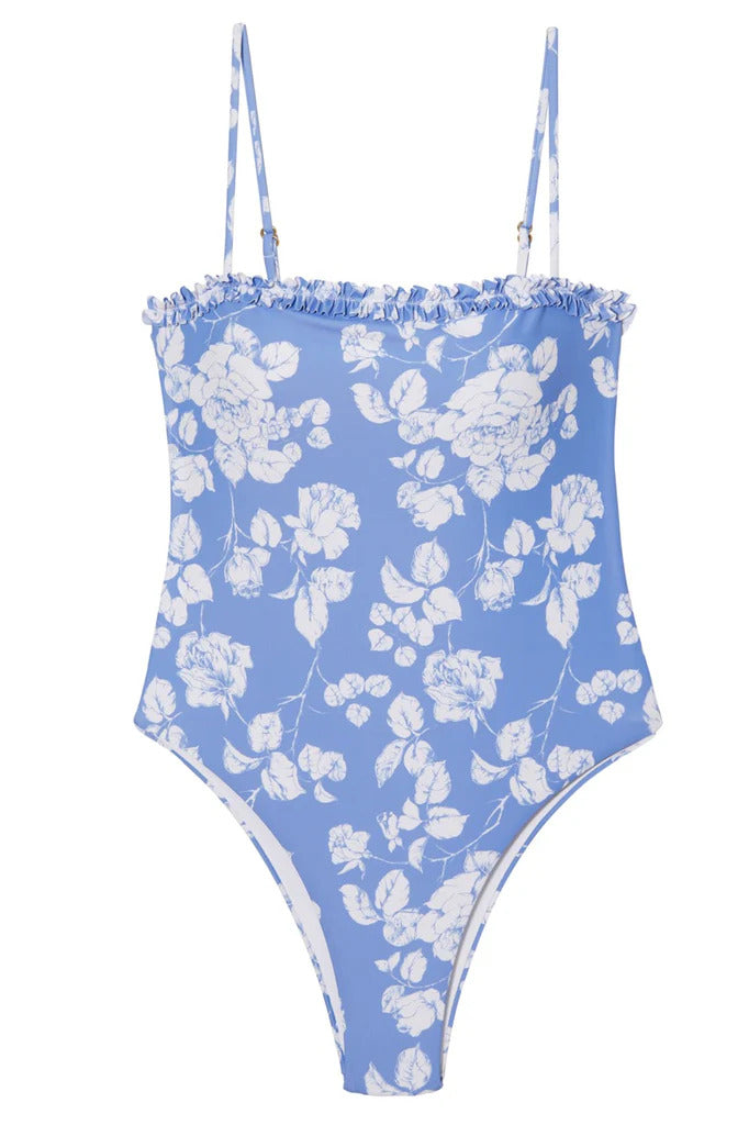 Women's blue and white floral one-piece swimsuit with spaghetti straps. Designed for summer, bachelorette, bridal, honeymoon and beach. Purchase at SISTER NY